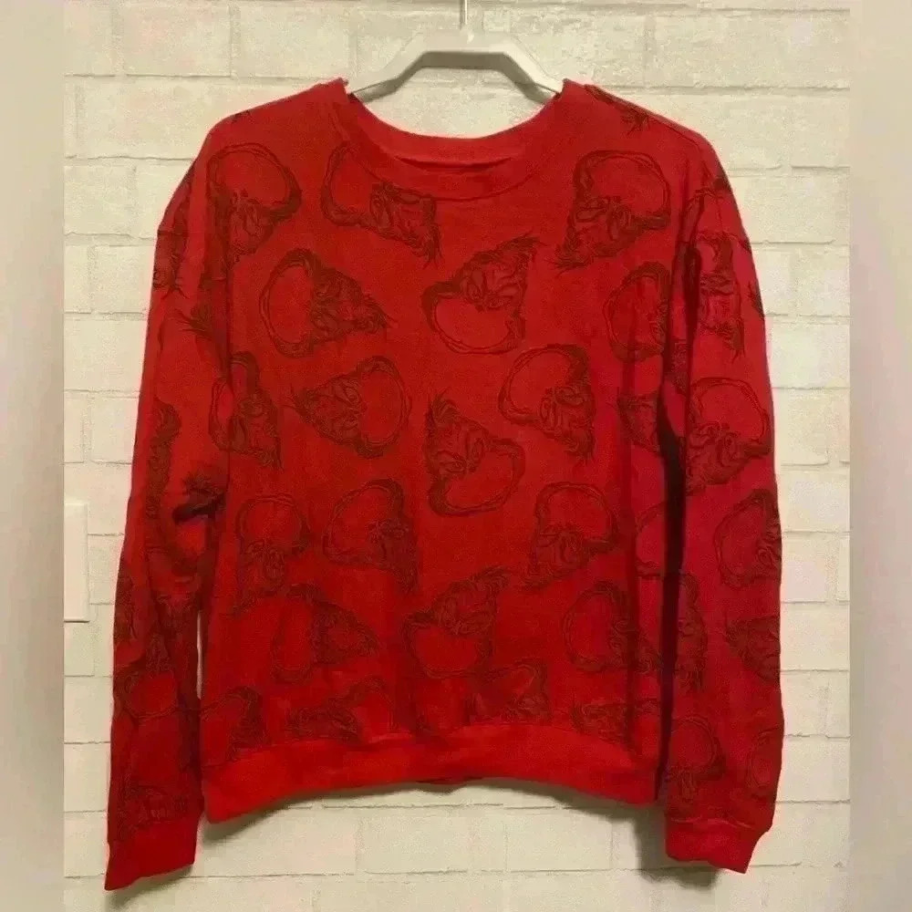 Dr Seuss The Grinch All Over Print Pullover Sweater - Red - Women's Size XL